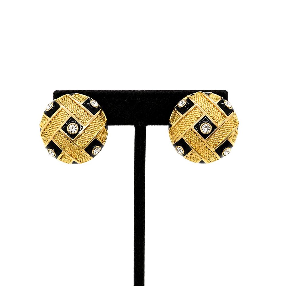 VINTAGE BUTTON EARRINGS Black Enamel Rhinestone Gold Tone Textured Pierced 80s